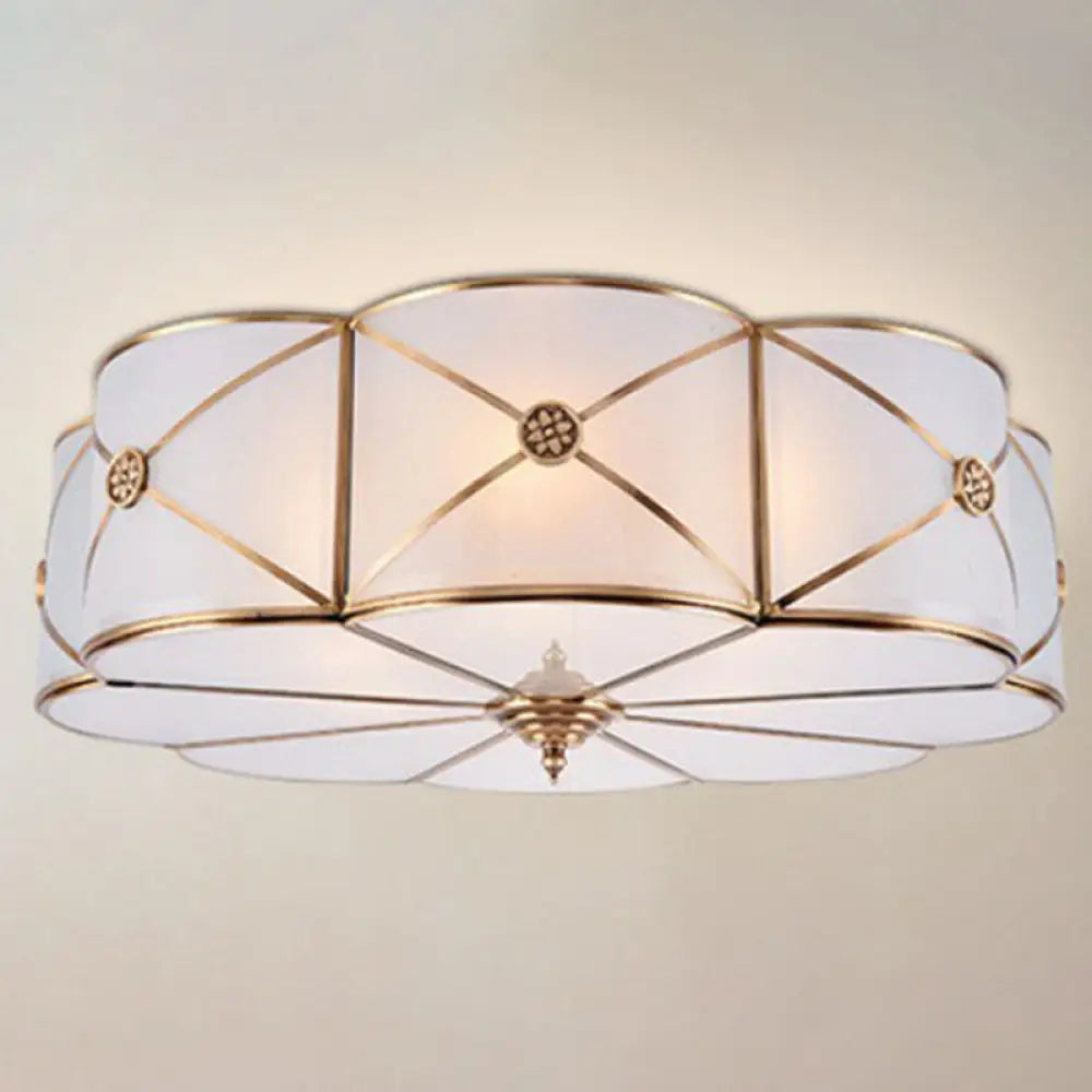 Frosted White Glass Flushmount Flower Ceiling Lamp With X-Brace In Brass - Colonial Style