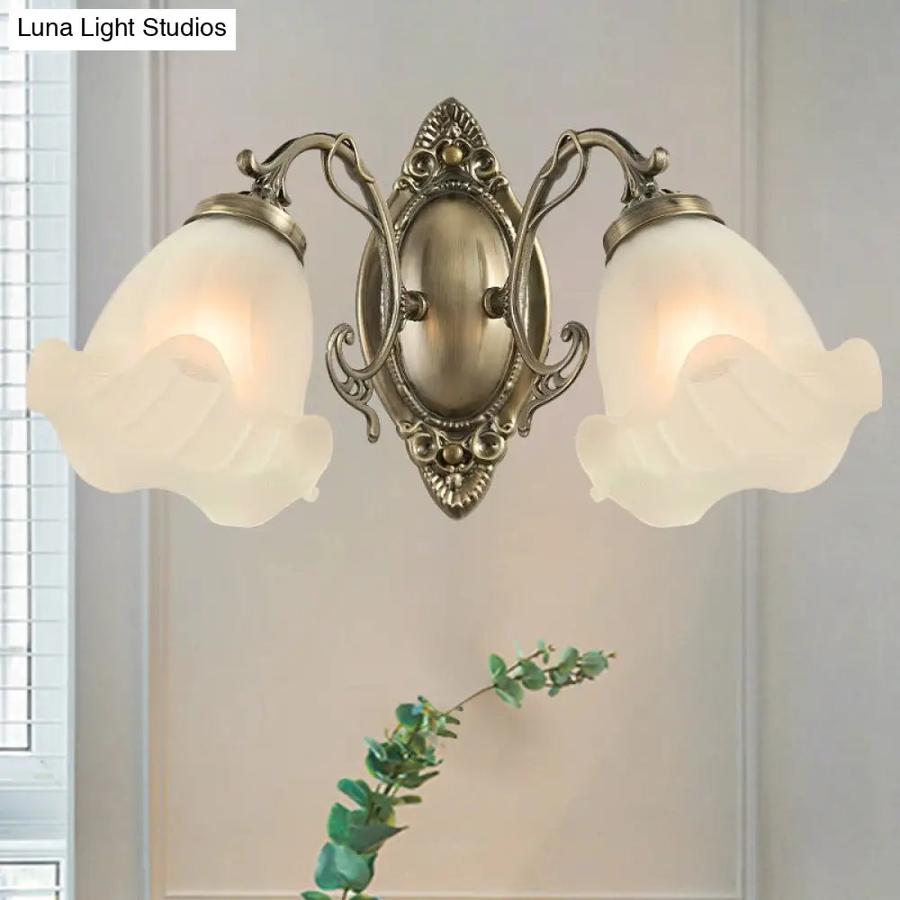 Frosted White Glass Ruffle Sconce Light - Traditional Corner Wall Mount In Bronze/Copper