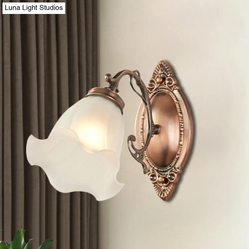 Frosted White Glass Ruffle Sconce Light - Traditional Corner Wall Mount In Bronze/Copper