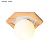 Frosted White Glass & Wood Modern Flush Mount Ceiling Light