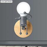Fun Robot Design Bedside Wall Sconce With Single Iron Lamp Socket For Kids - Available In Grey Green