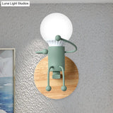 Fun Robot Design Bedside Wall Sconce With Single Iron Lamp Socket For Kids - Available In Grey Green