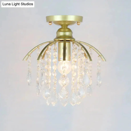 Geometric Brass Semi Flush Crystal Ceiling Mount - Traditional 1-Light Fixture For Hallways
