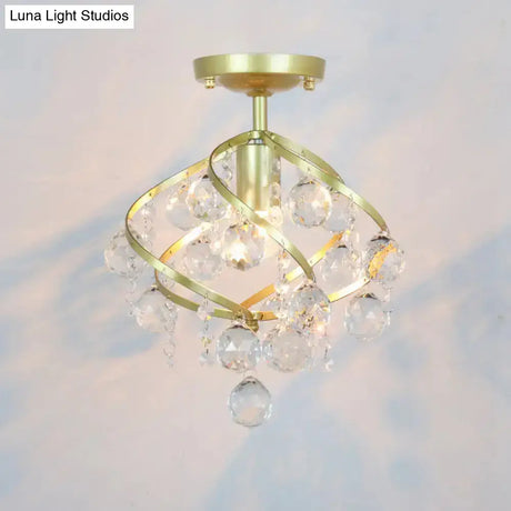 Geometric Brass Semi Flush Crystal Ceiling Mount - Traditional 1-Light Fixture For Hallways