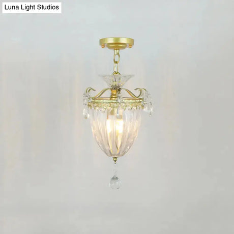 Geometric Brass Semi Flush Crystal Ceiling Mount - Traditional 1-Light Fixture For Hallways