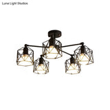 Geometric Cage Semi Flush Ceiling Lamp - Industrial Retro Look For Living Room 3/5 Bulbs Iron Light