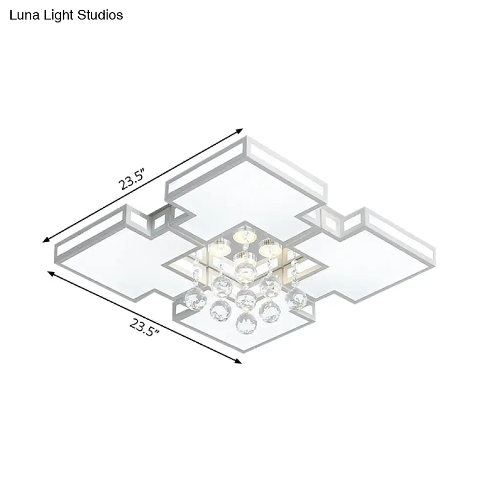 Geometric Ceiling Lamp With Integrated Led And Crystal Ball Accent - 19.5’/23.5’ Wide White