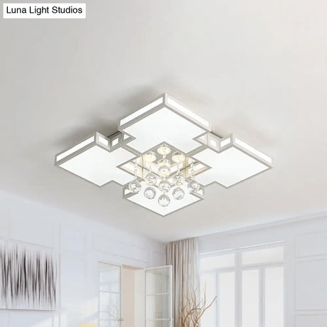 Geometric Ceiling Lamp With Integrated Led And Crystal Ball Accent - 19.5’/23.5’ Wide White