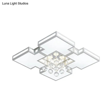 Geometric Ceiling Lamp With Integrated Led And Crystal Ball Accent - 19.5’/23.5’ Wide White