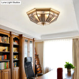 Geometric Ceiling Mount Brass Flush Light Fixture For Bedroom - Beveled Glass 4/6 Bulbs