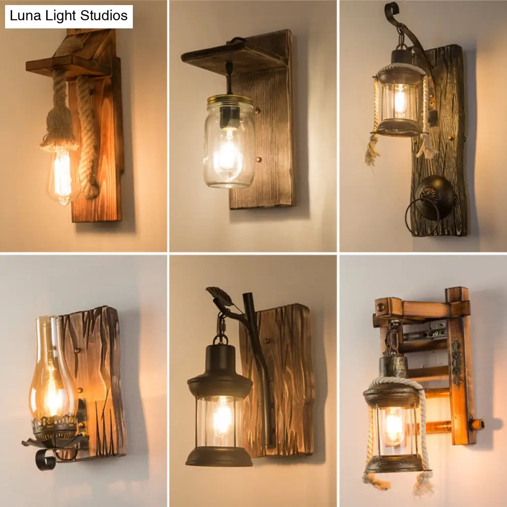 Geometric Country Style Wooden Wall Sconce - Brown Light Fixture For Corridor