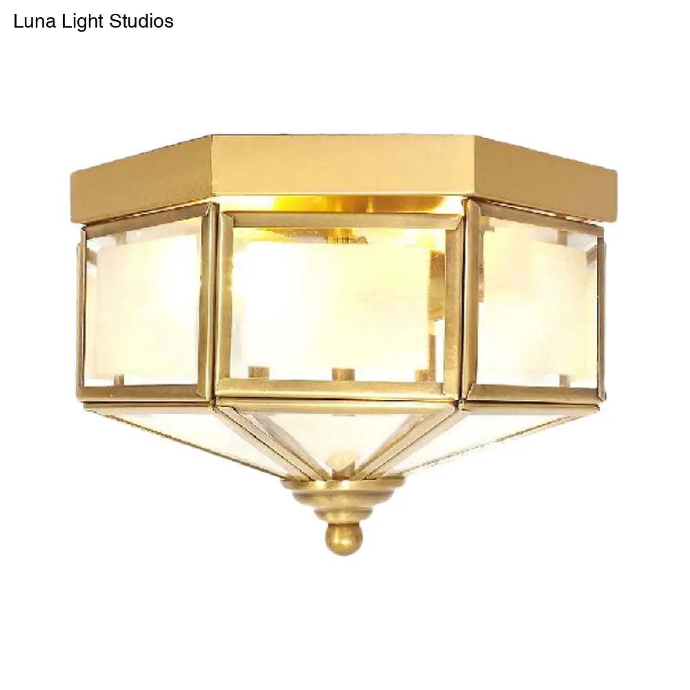 Geometric Flush Light Fixture With Frosted Glass In Brass - Ideal For Balcony Or Ceiling Mounting
