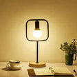 Geometric Frame Metal Table Lamp With Round Wooden Base - Stylish Industrial Bedside Night Light