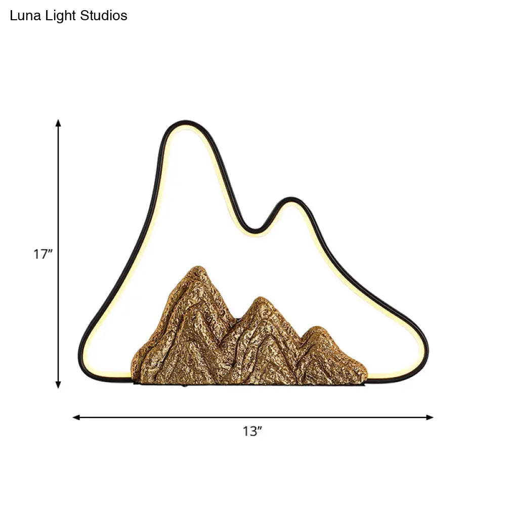 Geometric Ironic Mural Light: Led Oriental Black-Gold Wall Lamp With Mountain Pattern