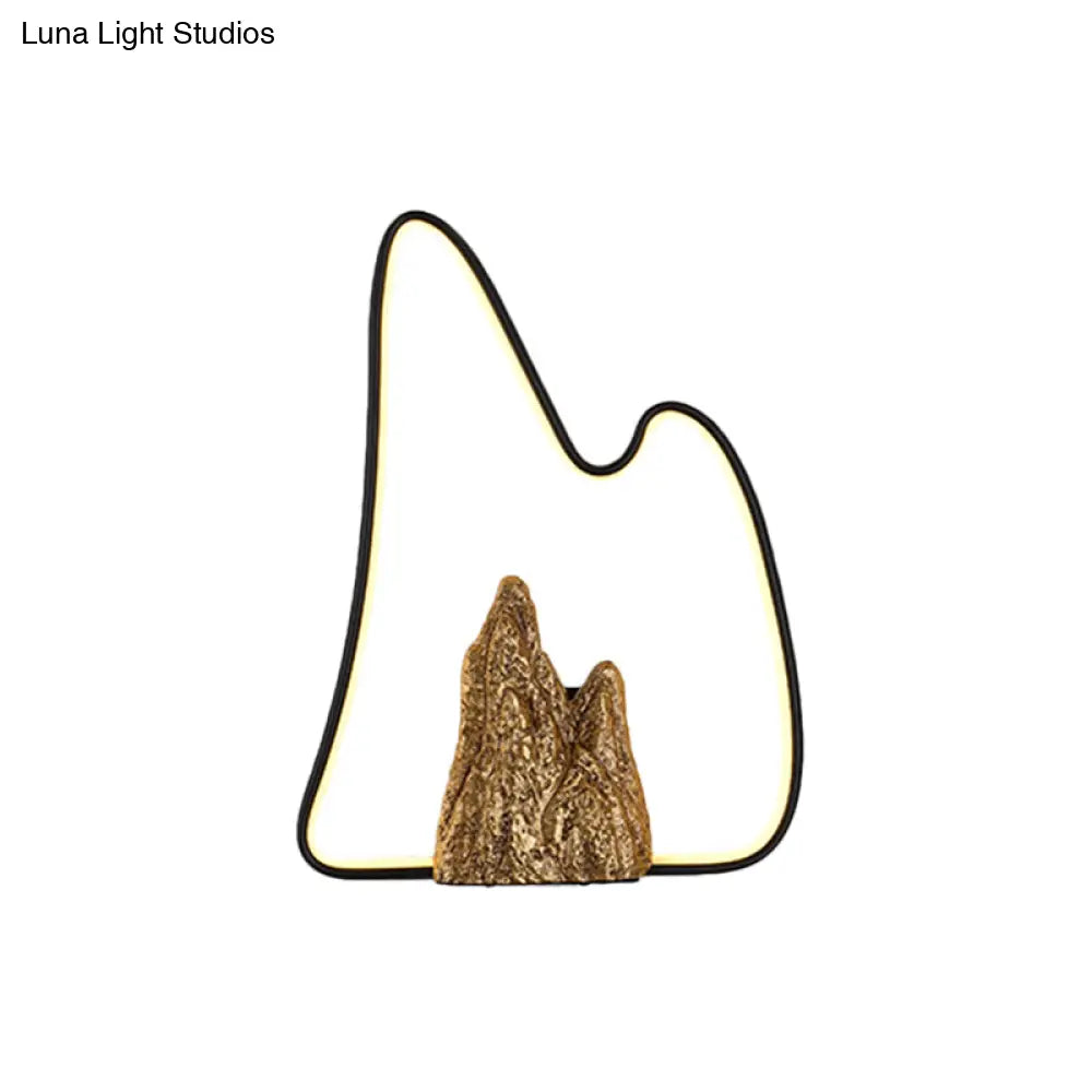 Geometric Ironic Mural Light: Led Oriental Black-Gold Wall Lamp With Mountain Pattern