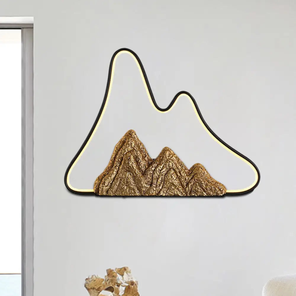 Geometric Ironic Mural Light: Led Oriental Black-Gold Wall Lamp With Mountain Pattern / A