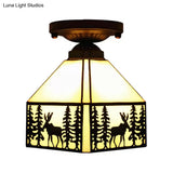 Geometric Semi Flush Ceiling Light With Art Glass Shade And Deer Pattern In Beige - Ideal For