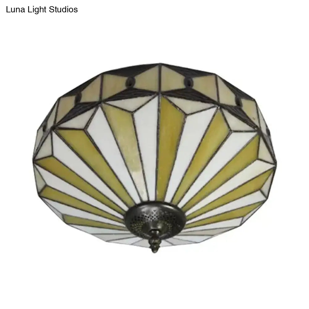 Geometric Stained Glass Ceiling Light For Bedroom - 2-Light Flush Mount Fixture Mission Style