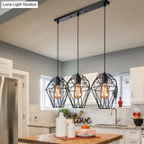Geometric Vintage Ceiling Pendant Lamp - Metallic Black Suspended Light With 3 Bulbs Cage Shade
