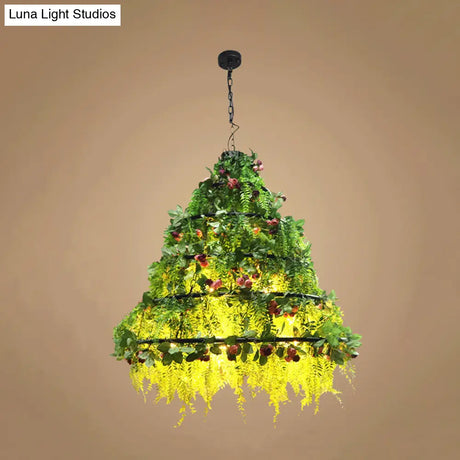 Geometric Vintage Chandelier With Artificial Plants - Metal Ceiling Light Fixture