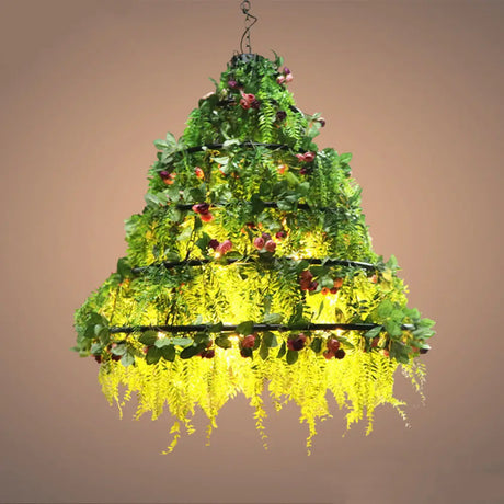 Geometric Vintage Chandelier With Artificial Plants - Metal Ceiling Light Fixture Red / Large