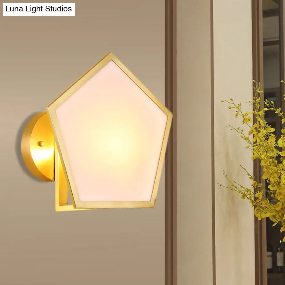 Geometric Wall Lamp With Opaline Glass In Gold Finish - Bedroom Lighting