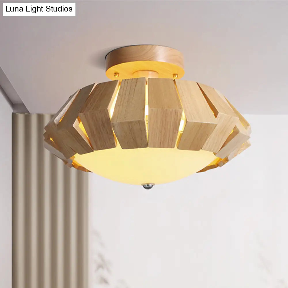 Geometric Wood Led Flush Mount Spotlight With White Glass Shade