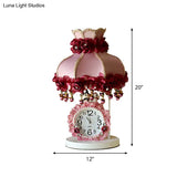 Girls Bedroom Night Light - Purple/Pink Table Lamp With Scalloped Fabric Shade And Clock