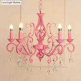 Girls Pink Bedroom Chandelier Ceiling Light With Candle And Crystal Accents - Modern Style