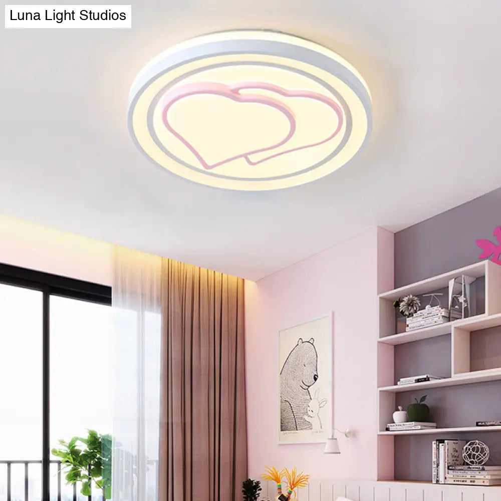 Girls Pink Cartoon Led Ceiling Lamp With Cute Pattern Acrylic Flush Mount Light
