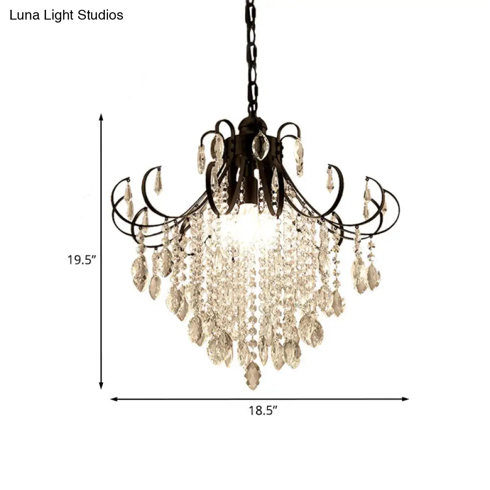 Glam Teardrop Pendant Light With Metal Curved Arm And Cascading Crystal Strands