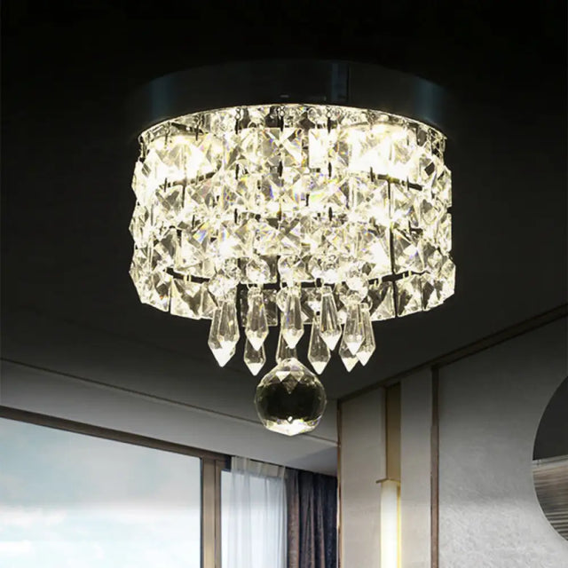 Glamorous Crystal Drum Ceiling Light In Chrome - Flush Mount Fixture