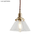 Glass Brass Pendant Lamp - Rustic Cone Design With Clear Sleek/Ribbed Finish 1 Light Down Lighting