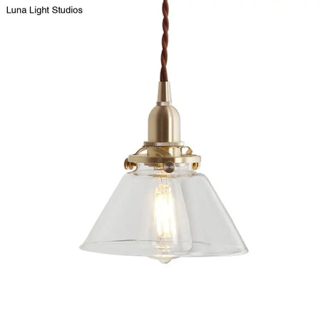 Glass Brass Pendant Lamp - Rustic Cone Design With Clear Sleek/Ribbed Finish 1 Light Down Lighting