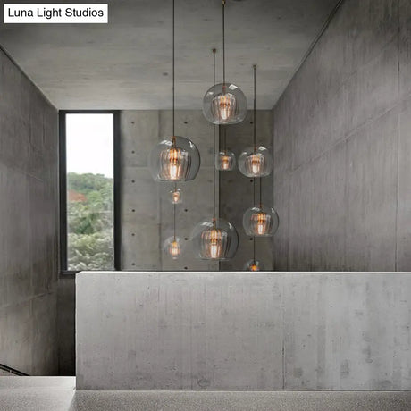Globe Clear Glass Stairway Pendant Lighting - Nordic Hanging Lamp Kit 1 Head 6’/8’/10’ Wide