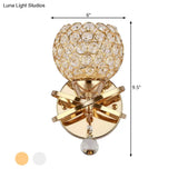 Globe Cutout Metal Shade Crystal Wall Sconce In Gold With Dropped Ball Accent