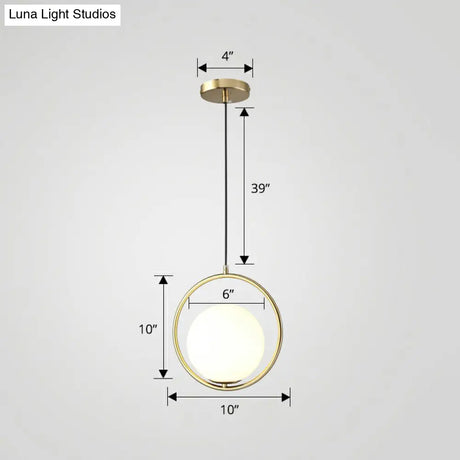 Globe Milky Glass 1-Bulb Pendant Light With Brass Loop – Modern Dining Room Suspension Lamp