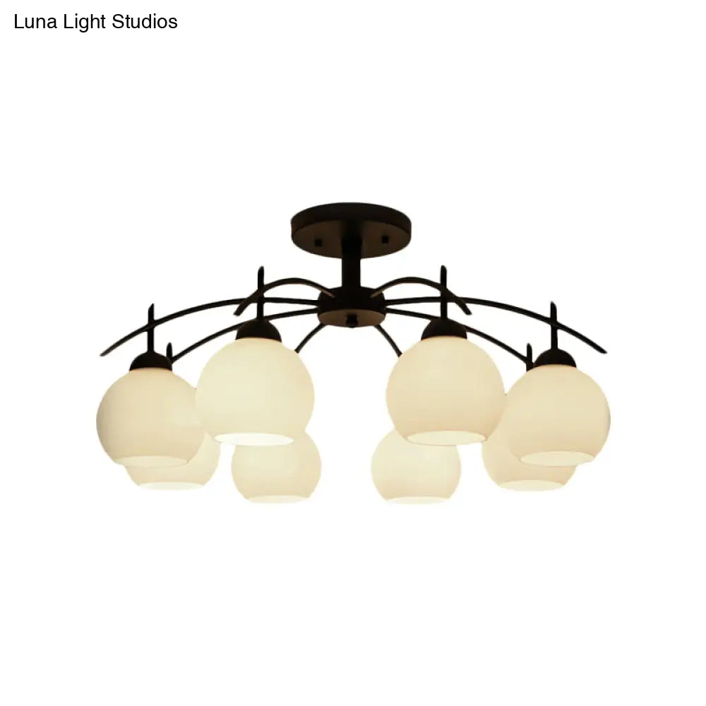 Globe White Glass Semi Flush Traditional Living Room Ceiling Light Fixture In Black With 3/5/6