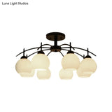 Globe White Glass Semi Flush Traditional Living Room Ceiling Light Fixture In Black With 3/5/6