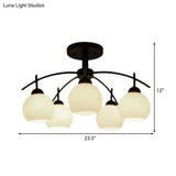 Globe White Glass Semi Flush Traditional Living Room Ceiling Light Fixture In Black With 3/5/6