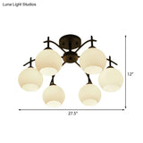 Globe White Glass Semi Flush Traditional Living Room Ceiling Light Fixture In Black With 3/5/6