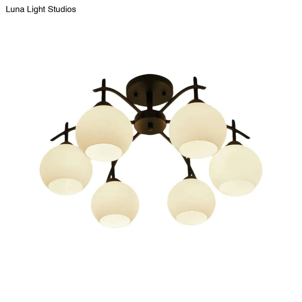 Globe White Glass Semi Flush Traditional Living Room Ceiling Light Fixture In Black With 3/5/6