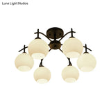 Globe White Glass Semi Flush Traditional Living Room Ceiling Light Fixture In Black With 3/5/6