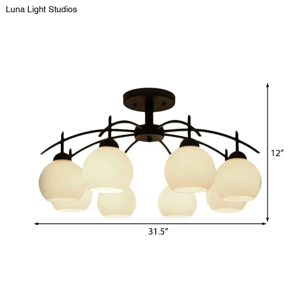 Globe White Glass Semi Flush Traditional Living Room Ceiling Light Fixture In Black With 3/5/6