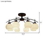 Globe White Glass Semi Flush Traditional Living Room Ceiling Light Fixture In Black With 3/5/6