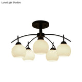Globe White Glass Semi Flush Traditional Living Room Ceiling Light Fixture In Black With 3/5/6