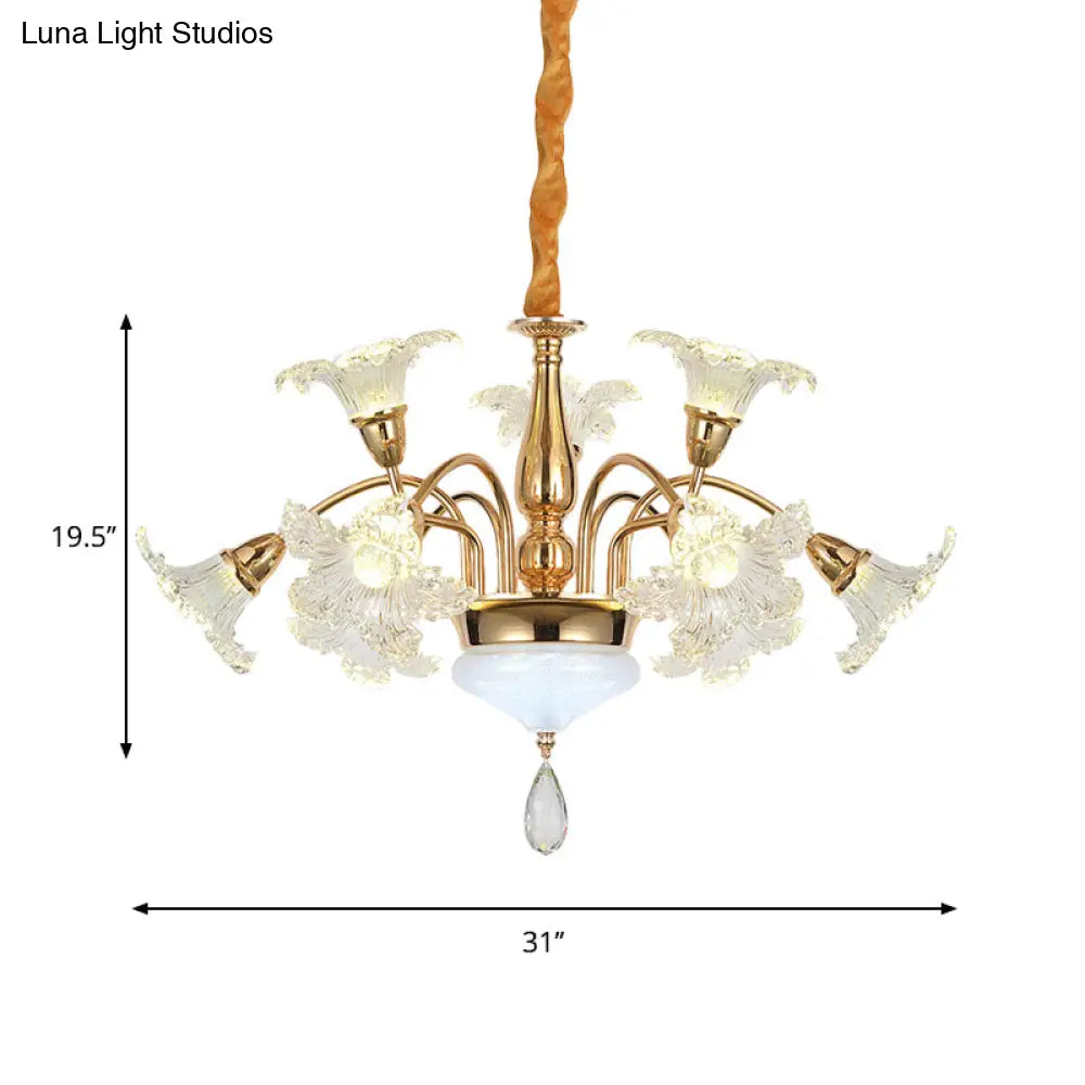 Gold 7/10 Bulbs Ceiling Light - Modern Clear Crystal Floral Shade Chandelier