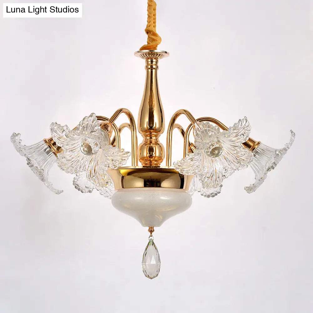Gold 7/10 Bulbs Ceiling Light - Modern Clear Crystal Floral Shade Chandelier