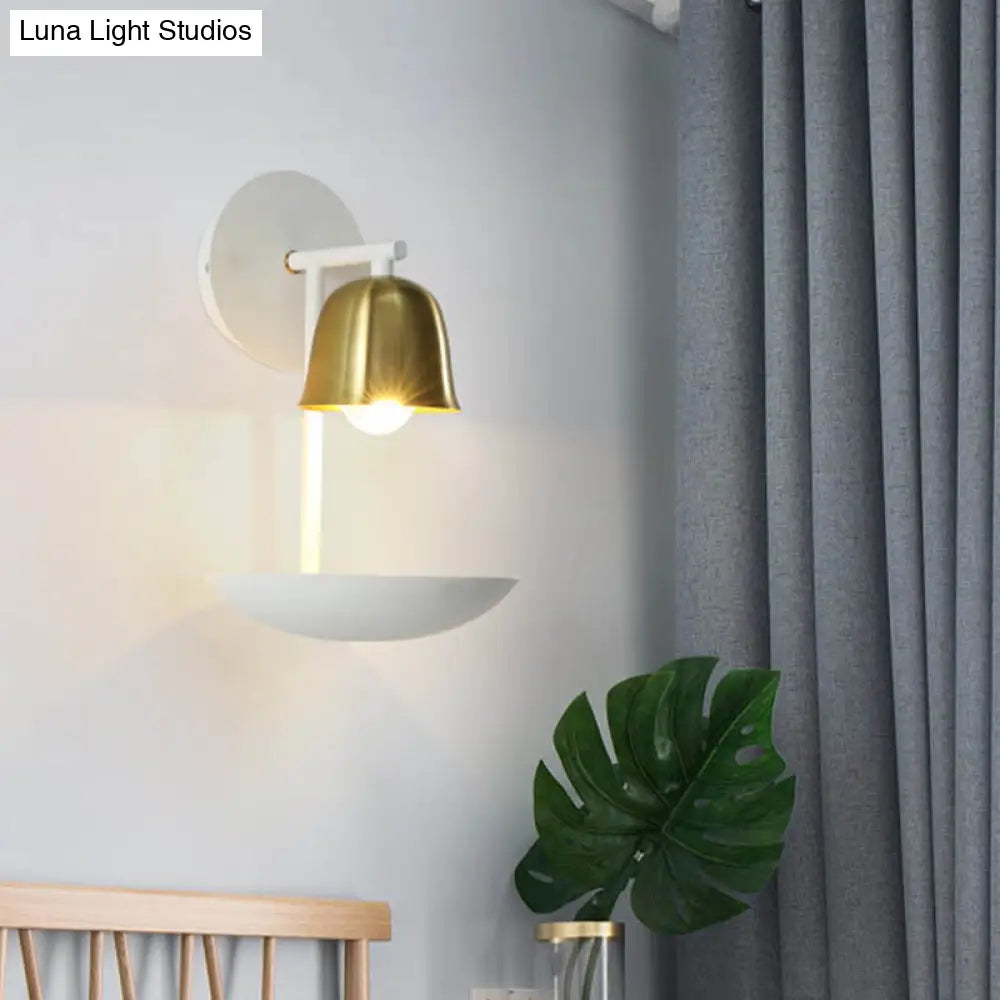 Gold And Black/White Bell Metal Sconce: Contemporary 1-Light Wall Lamp For Bedroom