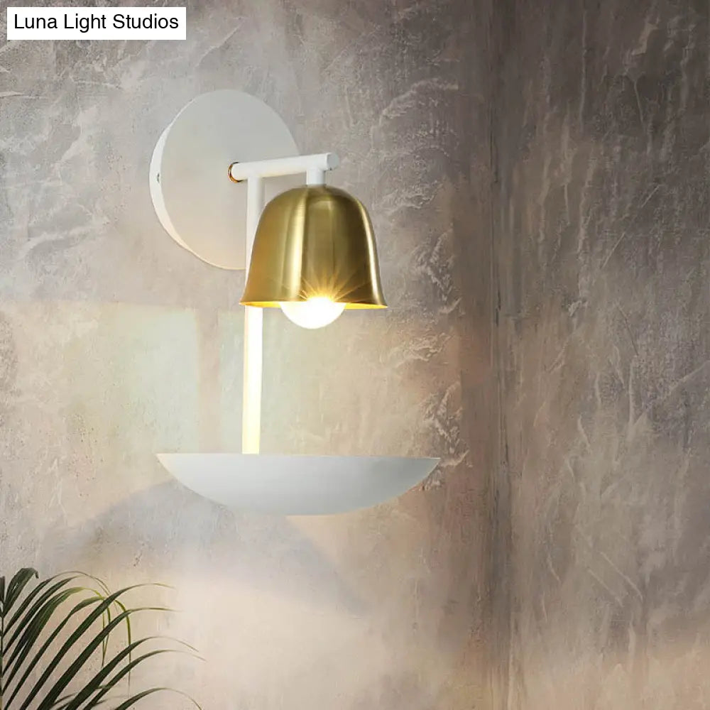 Gold And Black/White Bell Metal Sconce: Contemporary 1-Light Wall Lamp For Bedroom